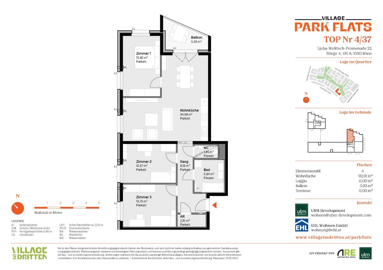 Grundriss BF5 Stg. 4 - Top 37 — Village im Dritten — 4 Zimmer — 92,9 m² — 8th floor