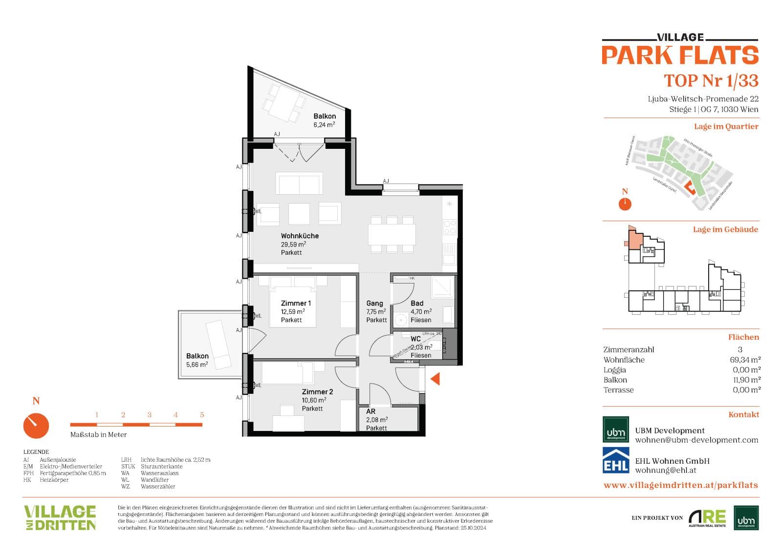 Grundriss BF5 Stg. 1 - Top 33 — Village im Dritten — 3 Zimmer — 69,3 m² — 7th floor