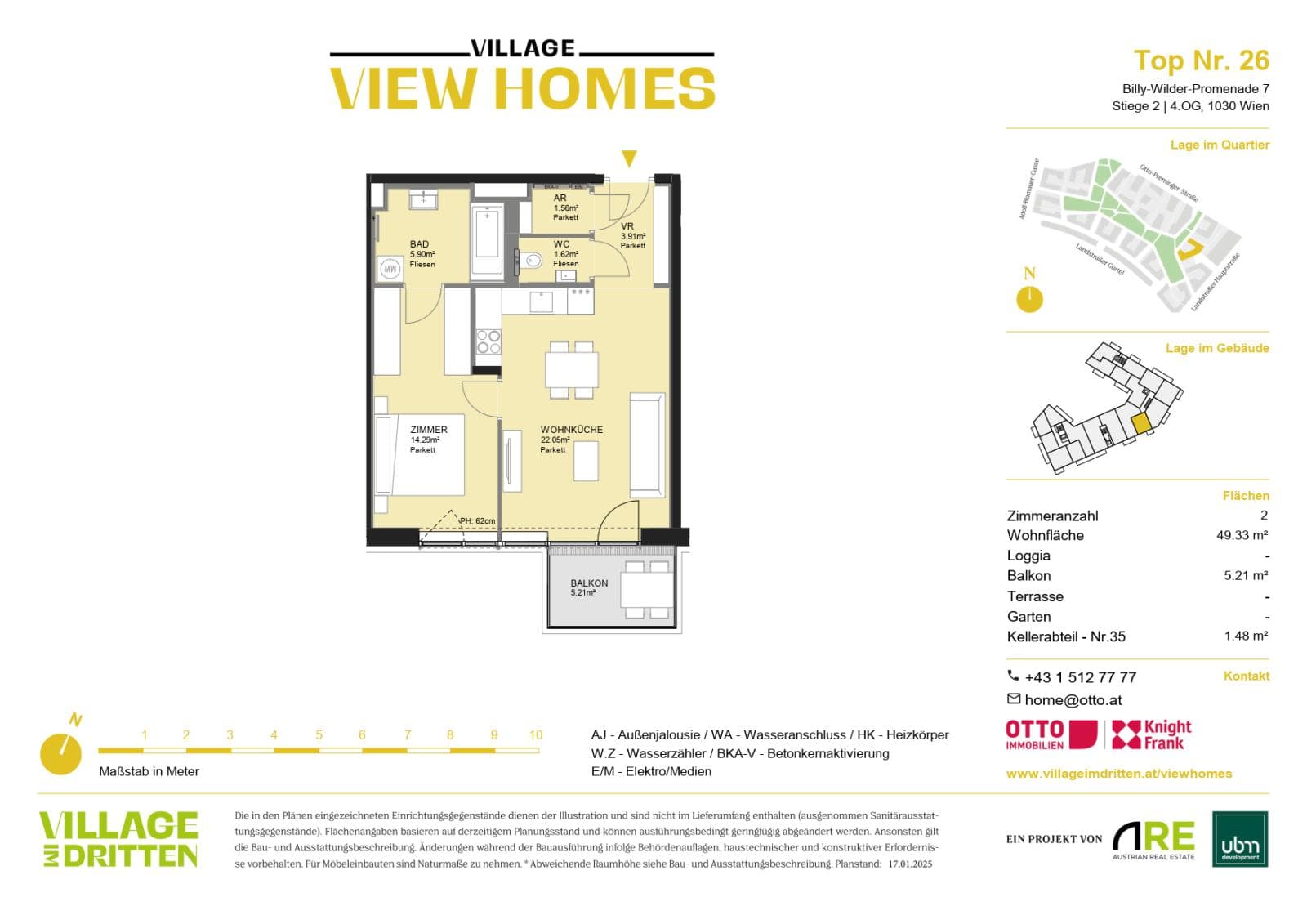 Grundriss BF2 Stg. 2 - Top 26 — Village im Dritten — 2 Zimmer — 49,3 m² — 4th floor