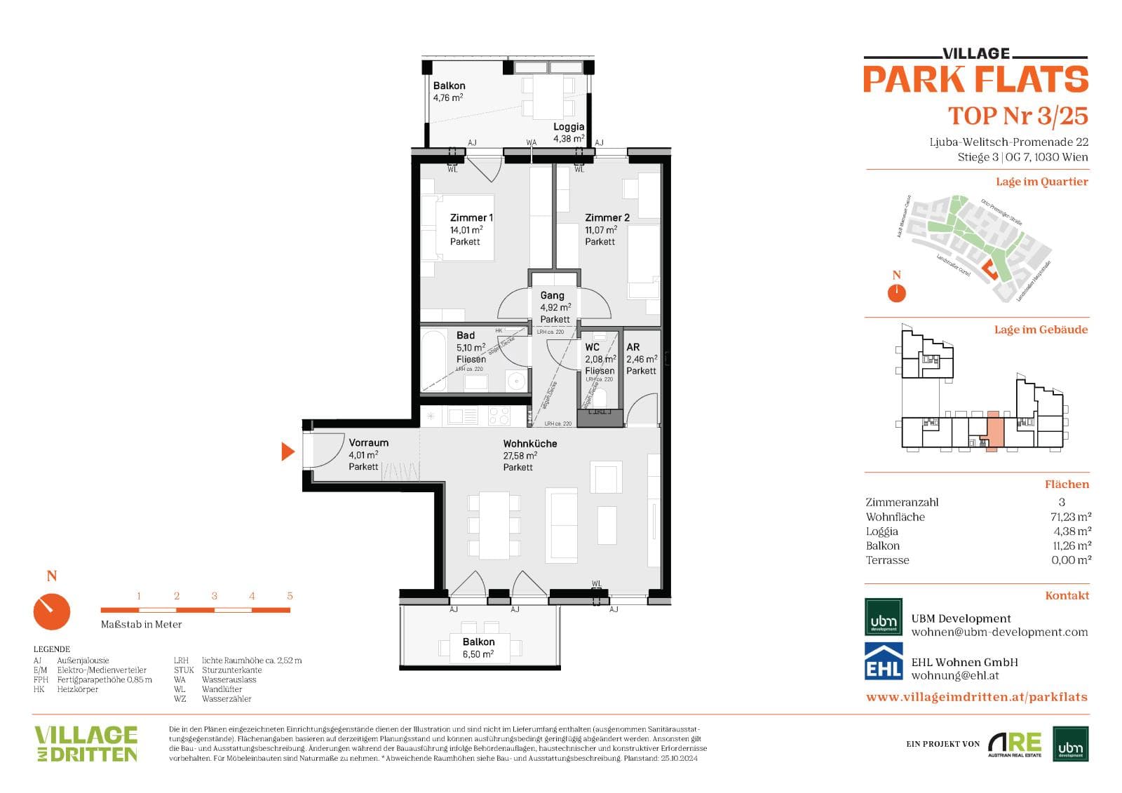 Grundriss BF5 Stg. 3 - Top 25 — Village im Dritten — 3 Zimmer — 71,2 m² — 7th floor