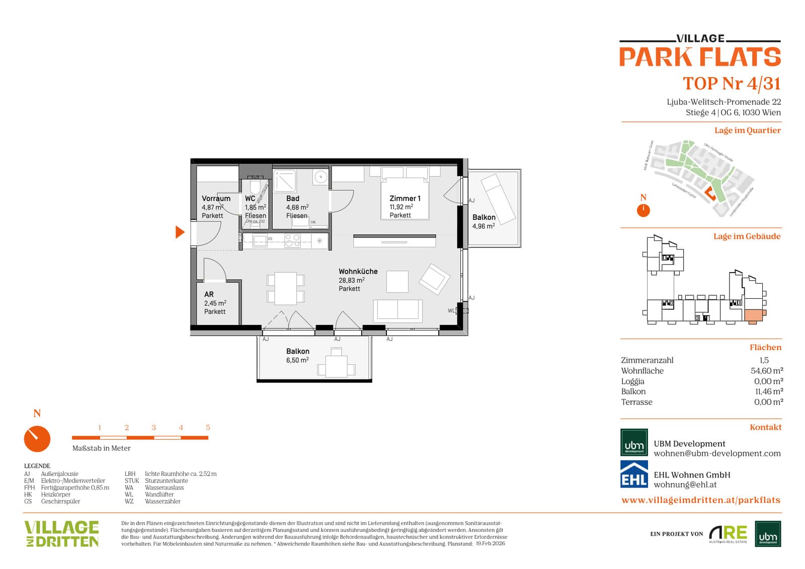Grundriss BF5 Stg. 4 - Top 31 — Village im Dritten — 1.5 Zimmer — 54,6 m² — 6th floor