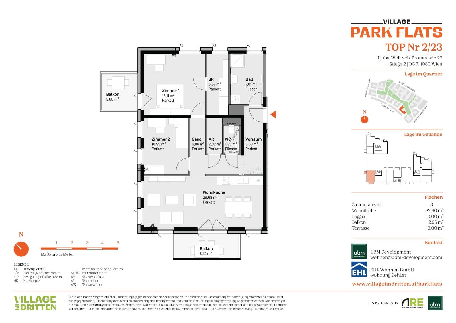 Grundriss BF5 Stg. 2 - Top 23 — Village im Dritten — 3 Zimmer — 82,8 m² — 7th floor