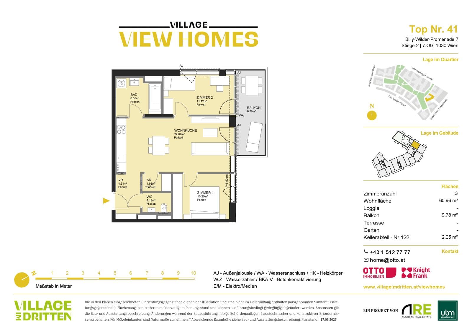 Grundriss BF2 Stg. 2 - Top 41 — Village im Dritten — 3 Zimmer — 61 m² — 7th floor