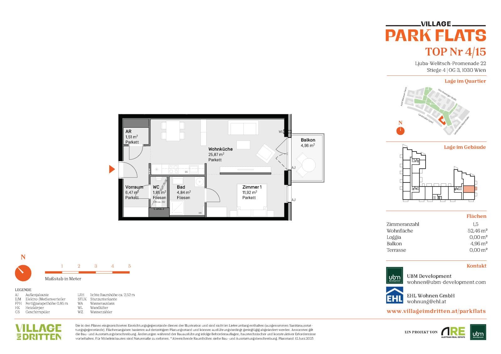 Grundriss BF5 Stg. 4 - Top 15 — Village im Dritten — 1.5 Zimmer — 52,5 m² — 3rd floor