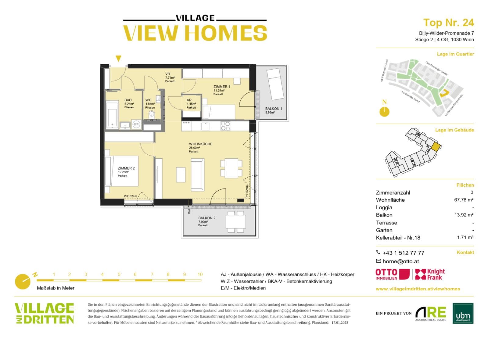 Grundriss BF2 Stg. 2 - Top 24 — Village im Dritten — 3 Zimmer — 67,8 m² — 4th floor