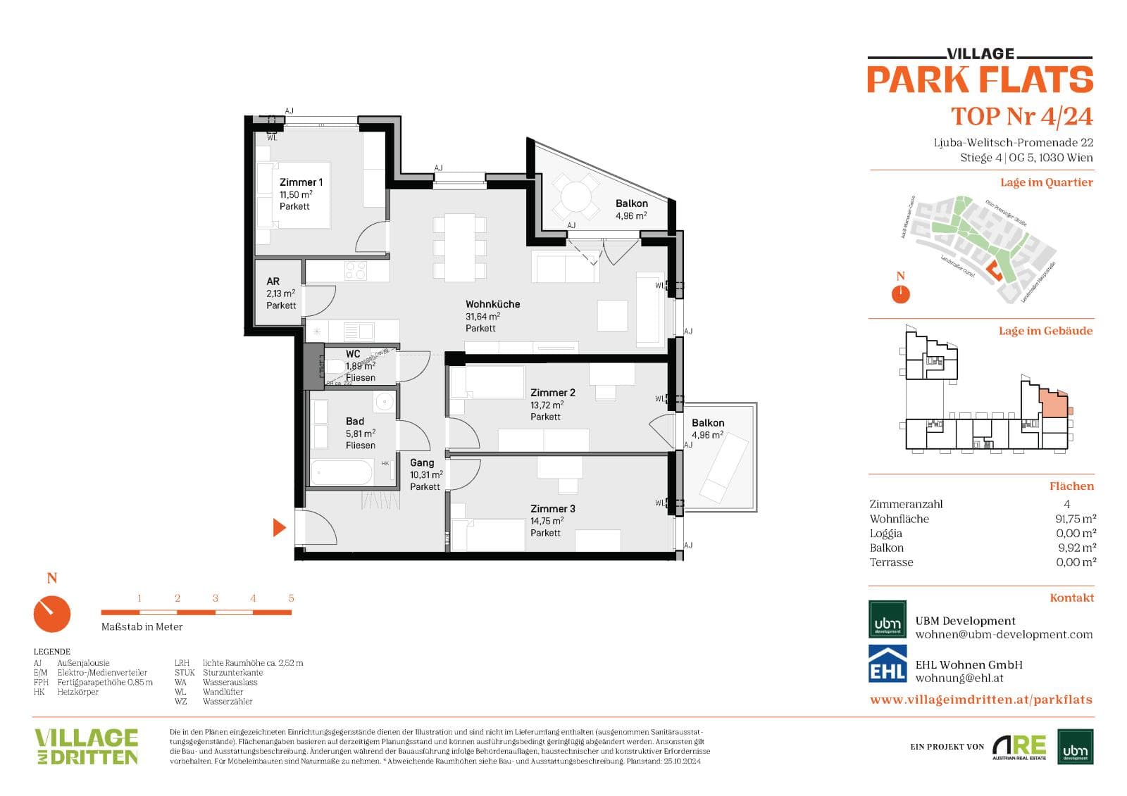 Grundriss BF5 Stg. 4 - Top 24 — Village im Dritten — 4 Zimmer — 91,8 m² — 5th floor
