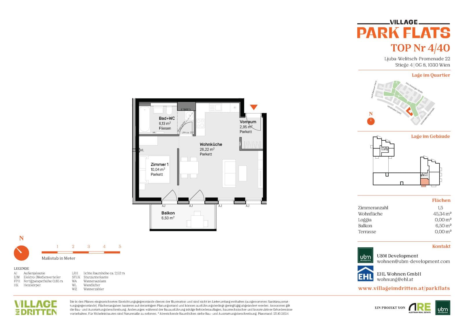 Grundriss BF5 Stg. 4 - Top 40 — Village im Dritten — 1.5 Zimmer — 45,3 m² — 8th floor