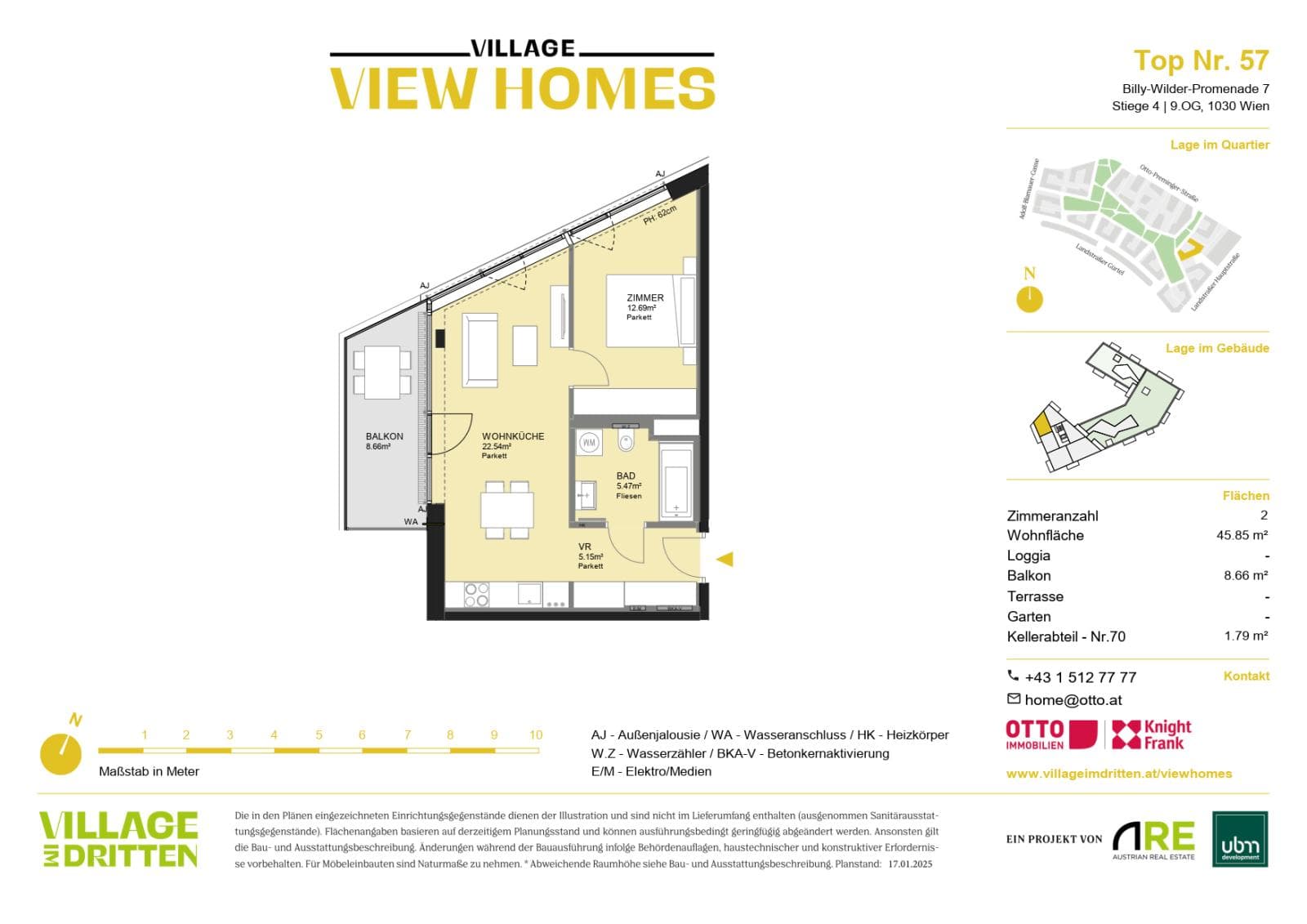 Grundriss BF2 Stg. 4 - Top 57 — Village im Dritten — 2 Zimmer — 45,9 m² — 9th floor