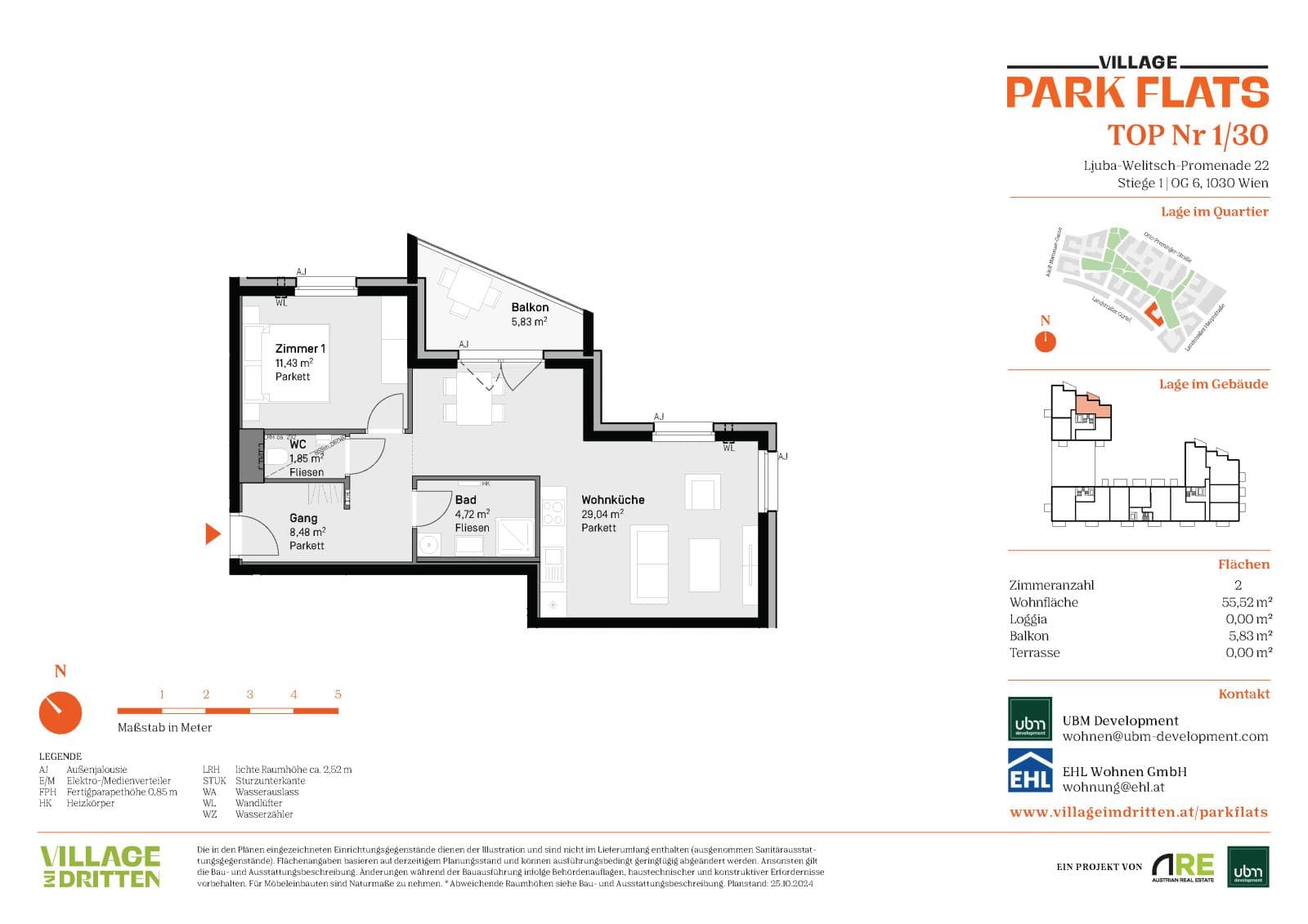 Grundriss BF5 Stg. 1 - Top 30 — Village im Dritten — 2 Zimmer — 55,5 m² — 6th floor