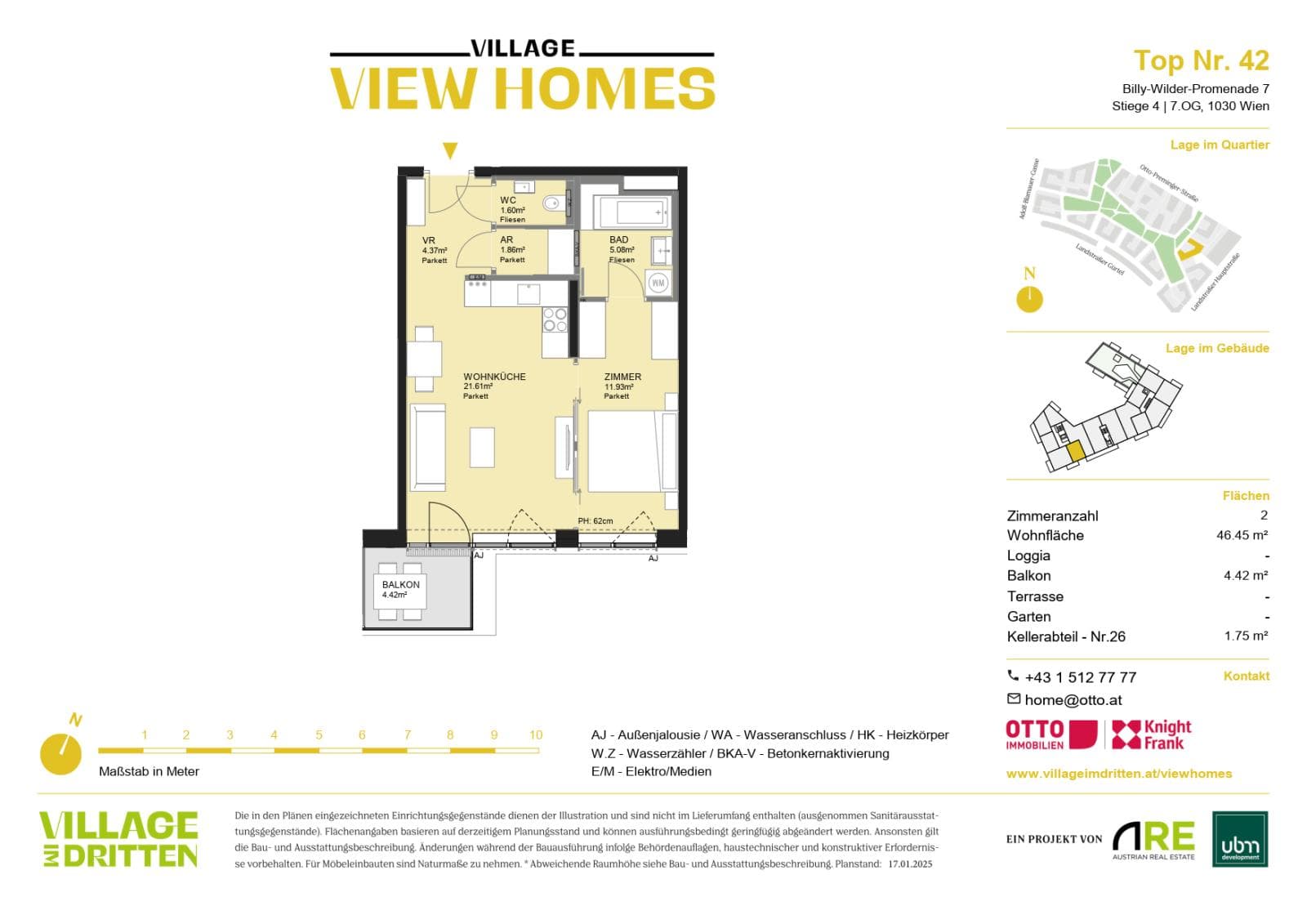 Grundriss BF2 Stg. 4 - Top 42 — Village im Dritten — 2 Zimmer — 46,5 m² — 7th floor
