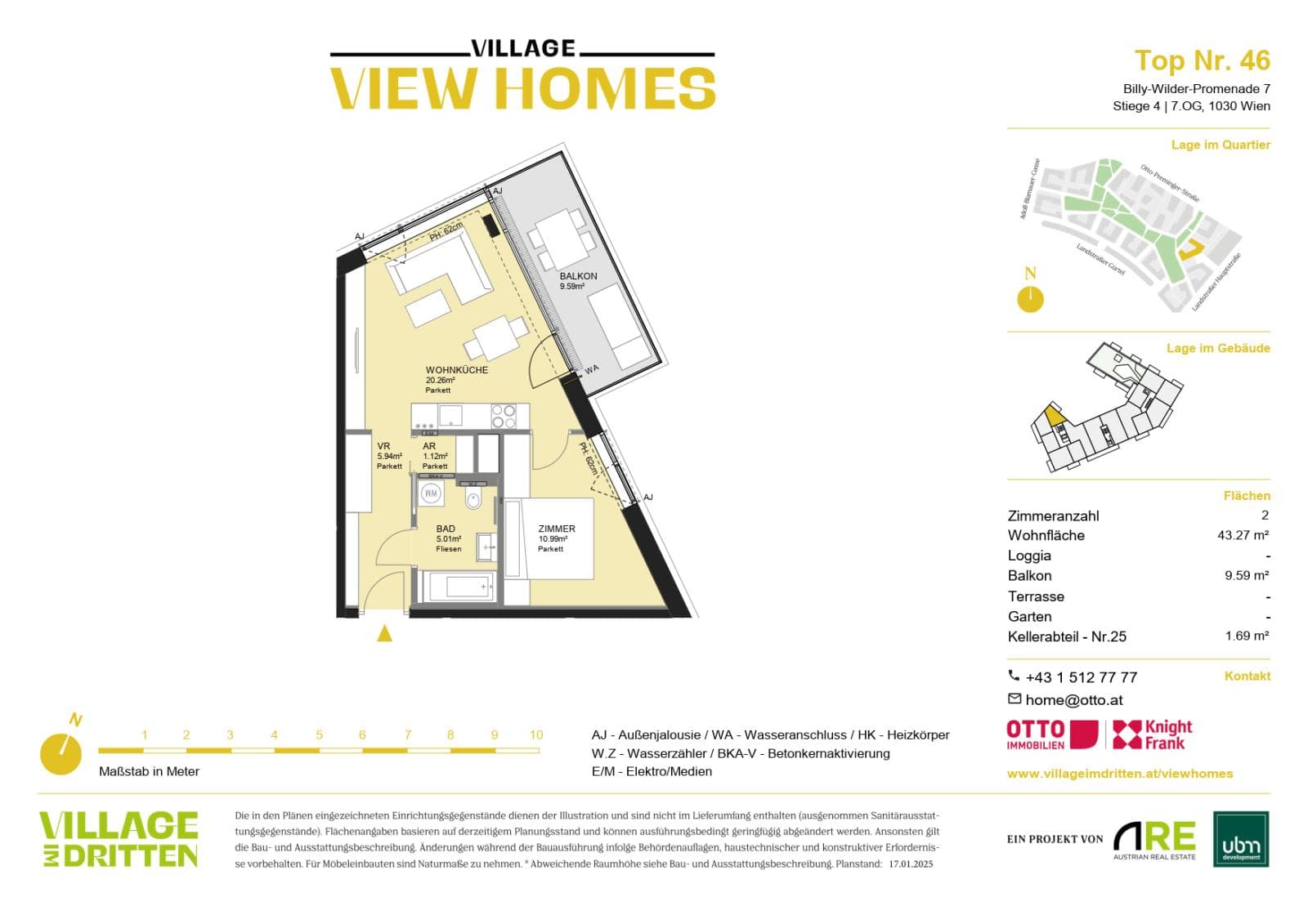 Grundriss BF2 Stg. 4 - Top 46 — Village im Dritten — 2 Zimmer — 43,3 m² — 7th floor