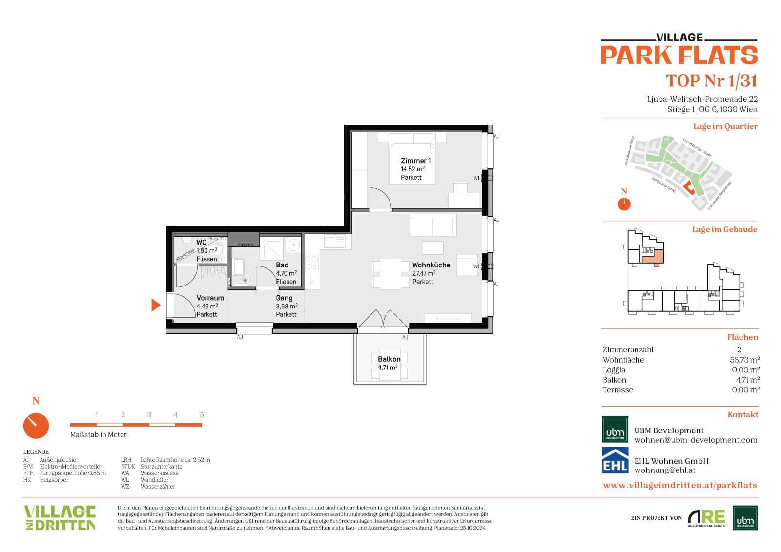 Grundriss BF5 Stg. 1 - Top 31 — Village im Dritten — 2 Zimmer — 56,7 m² — 6th floor