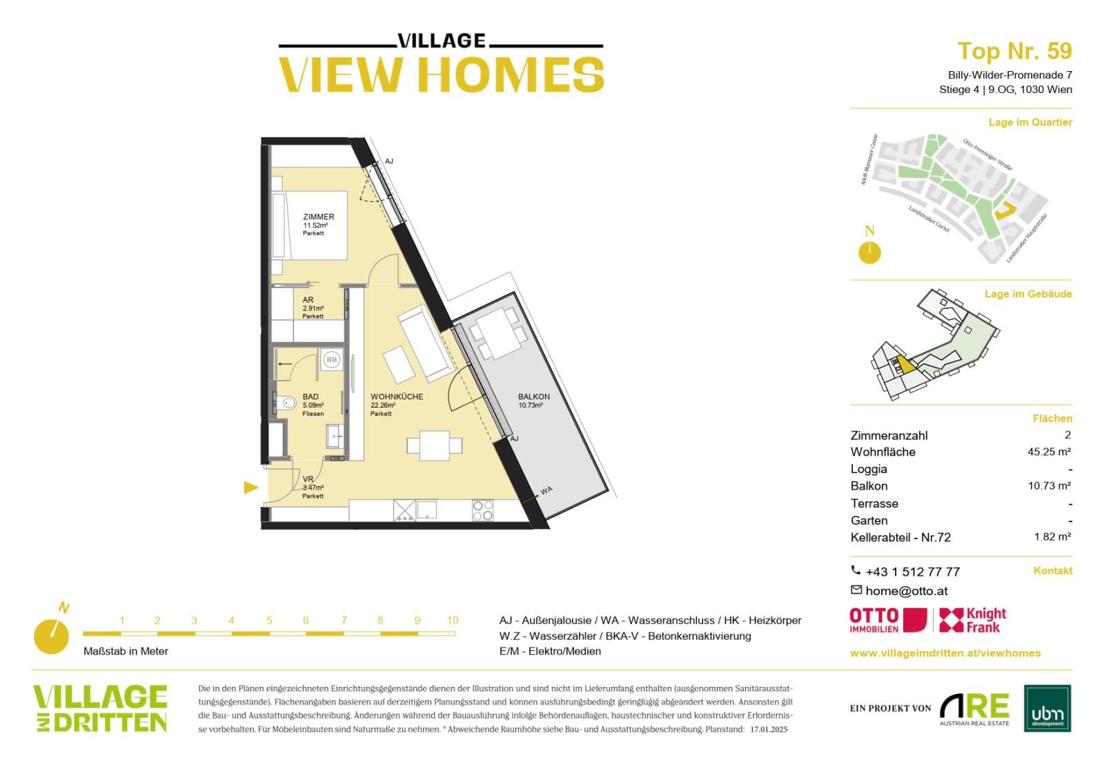 Grundriss BF2 Stg. 4 - Top 59 — Village im Dritten — 2 Zimmer — 45,2 m² — 9th floor