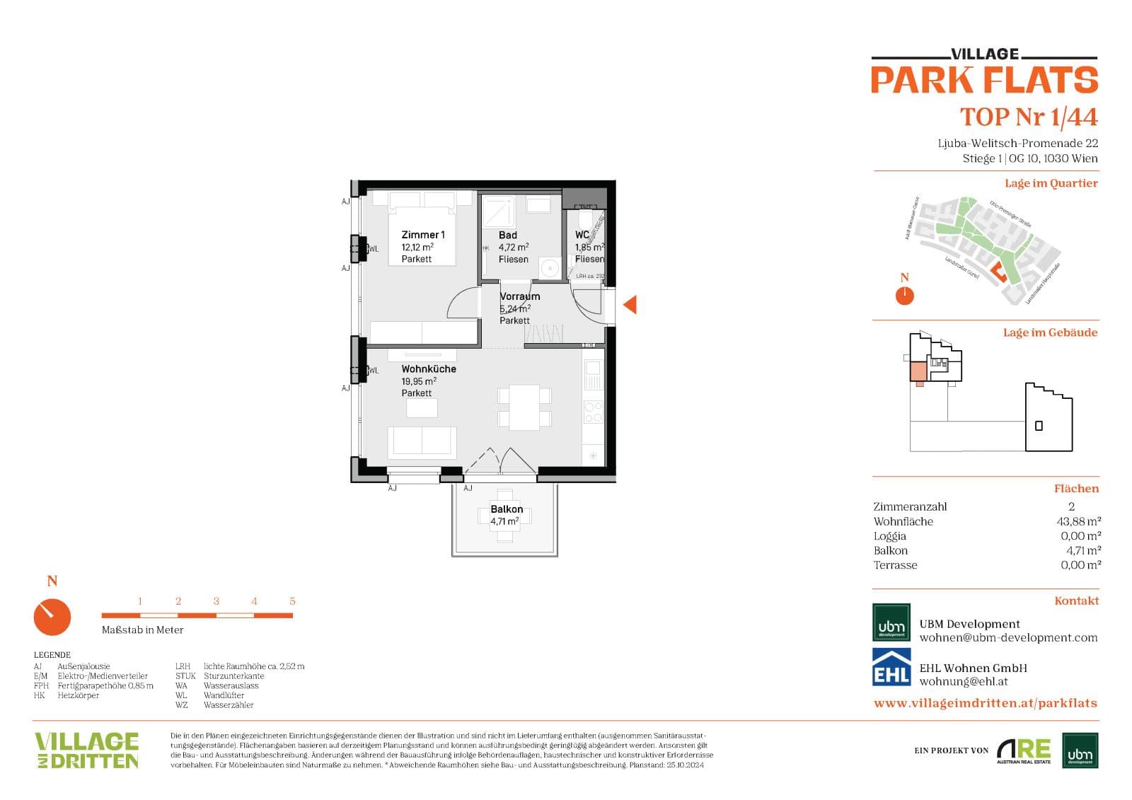 Grundriss BF5 Stg. 1 - Top 44 — Village im Dritten — 2 Zimmer — 43,9 m² — 10th floor
