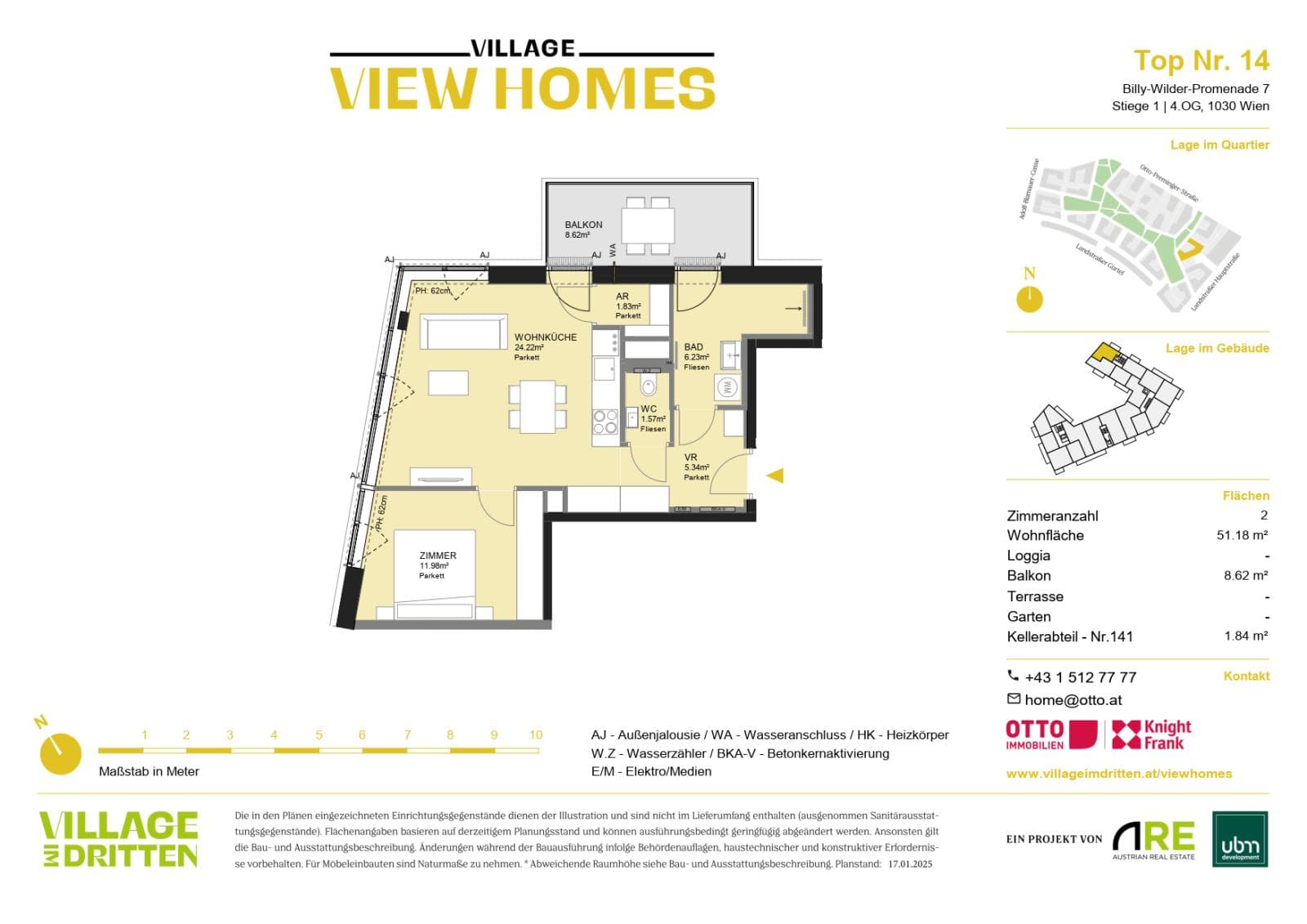 Grundriss BF2 Stg. 1 - Top 14 — Village im Dritten — 2 Zimmer — 51,2 m² — 4th floor