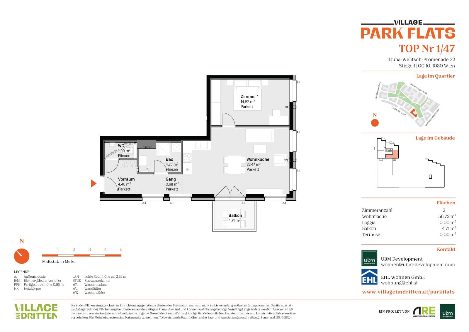 Grundriss BF5 Stg. 1 - Top 47 — Village im Dritten — 2 Zimmer — 56,7 m² — 10th floor