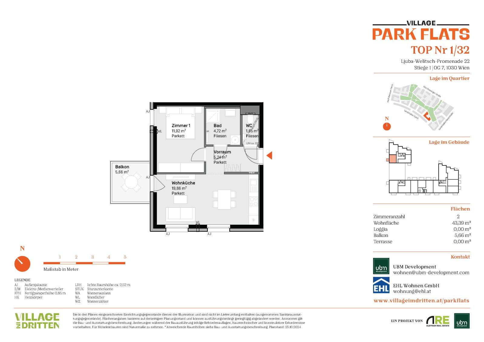 Grundriss BF5 Stg. 1 - Top 32 — Village im Dritten — 2 Zimmer — 43,4 m² — 7th floor