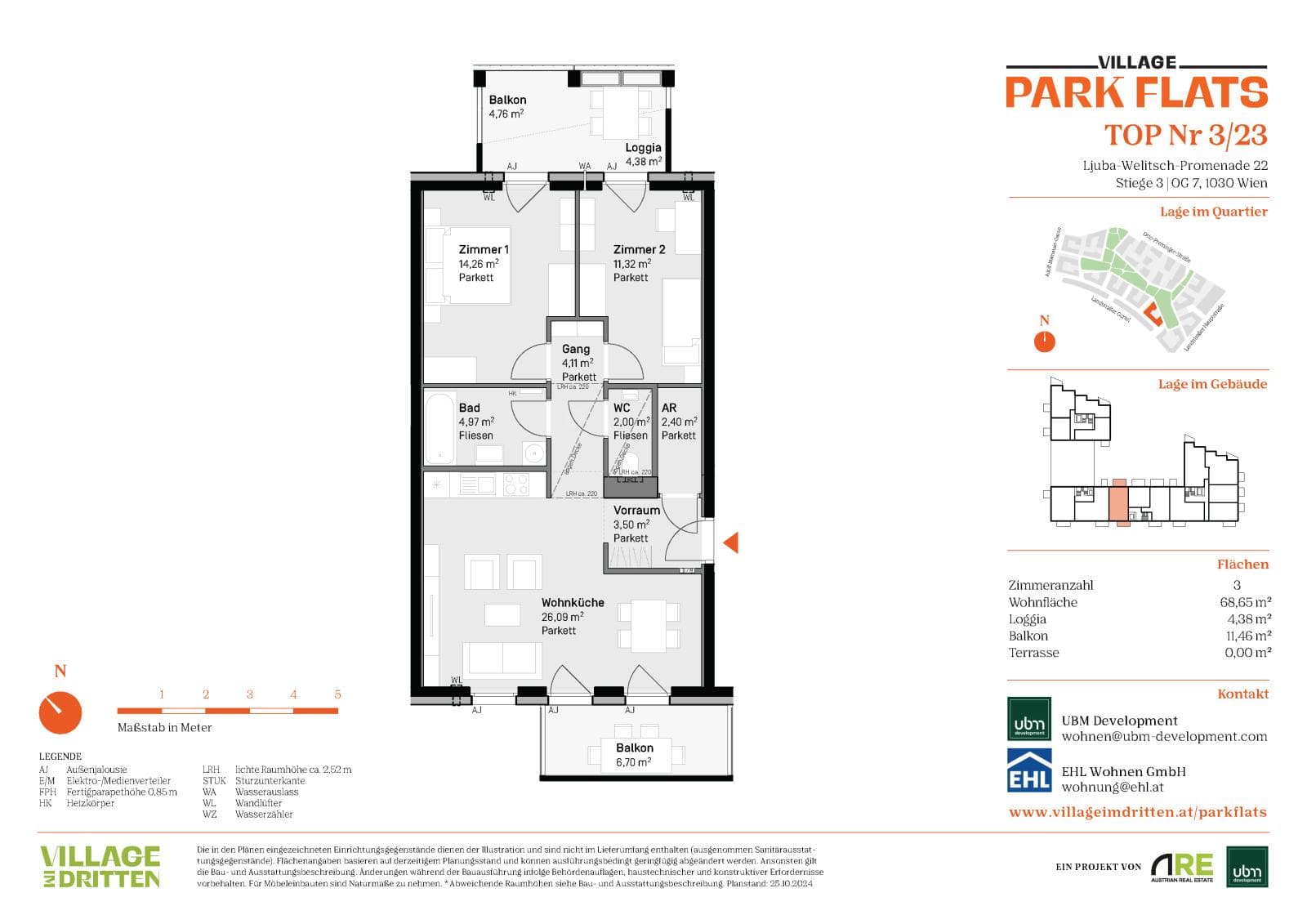 Grundriss BF5 Stg. 3 - Top 23 — Village im Dritten — 3 Zimmer — 68,7 m² — 7th floor