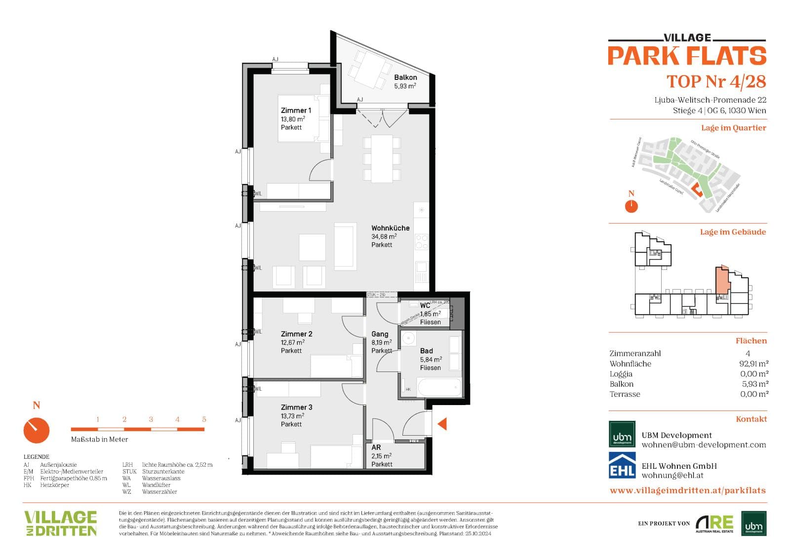 Grundriss BF5 Stg. 4 - Top 28 — Village im Dritten — 4 Zimmer — 92,9 m² — 6th floor