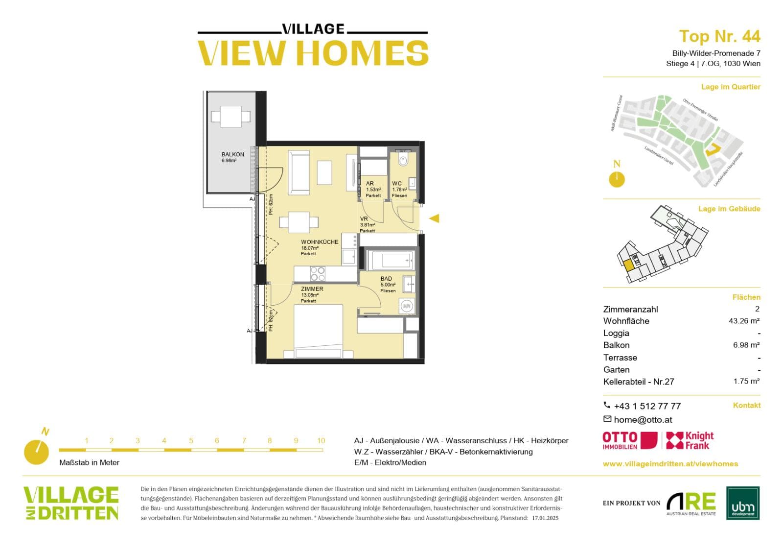 Grundriss BF2 Stg. 4 - Top 44 — Village im Dritten — 2 Zimmer — 43,3 m² — 7th floor