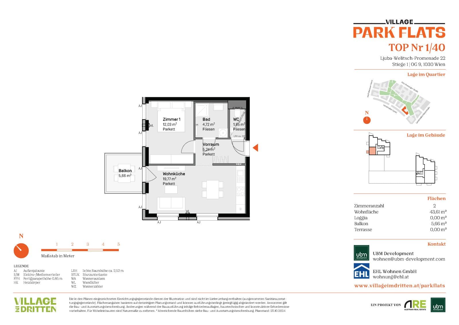Grundriss BF5 Stg. 1 - Top 40 — Village im Dritten — 2 Zimmer — 43,6 m² — 9th floor