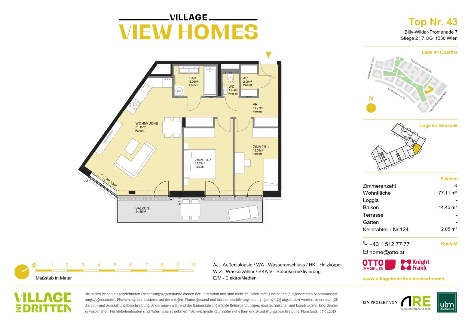 Grundriss BF2 Stg. 2 - Top 43 — Village im Dritten — 3 Zimmer — 77,1 m² — 7th floor