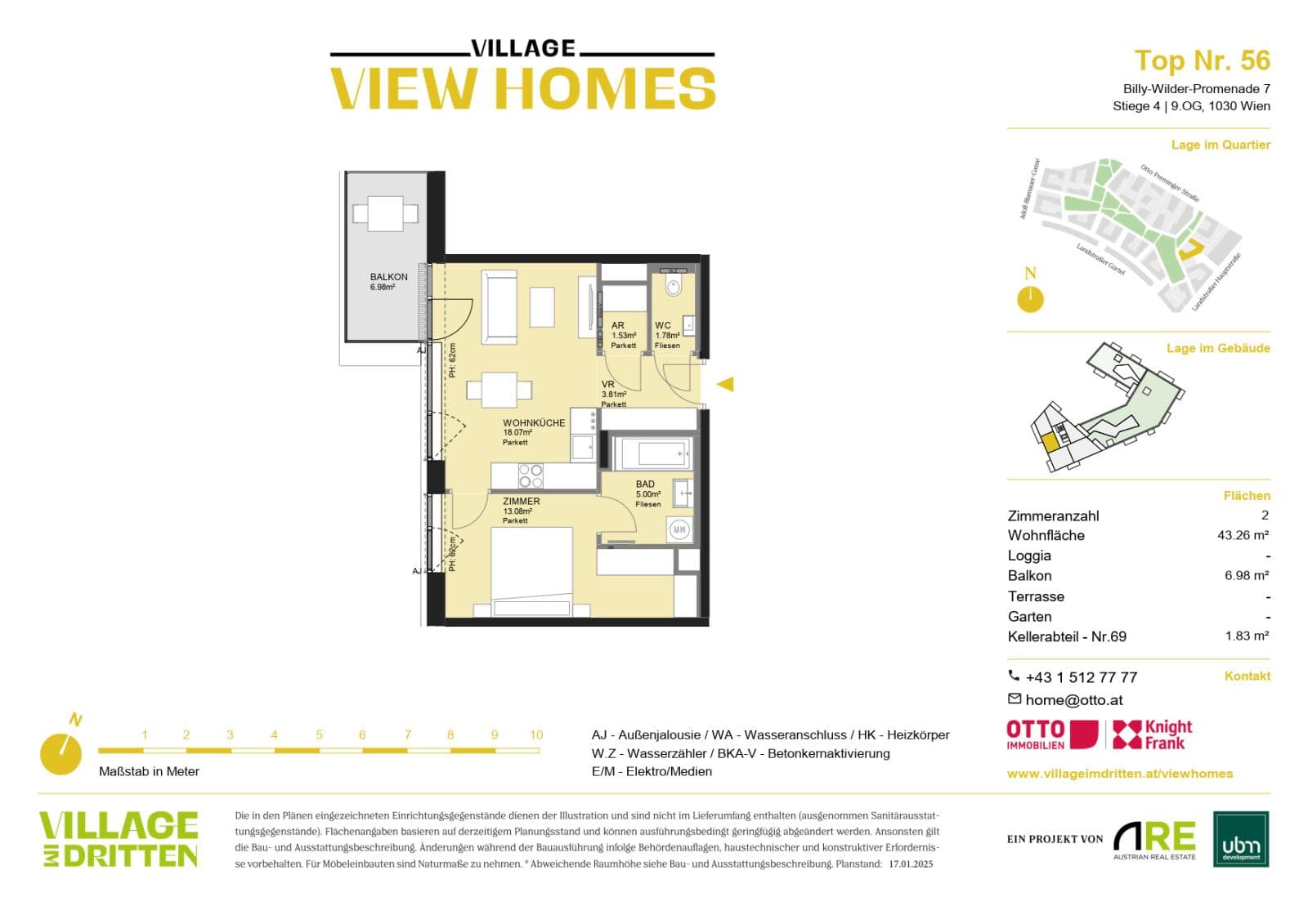 Grundriss BF2 Stg. 4 - Top 56 — Village im Dritten — 2 Zimmer — 43,3 m² — 9th floor