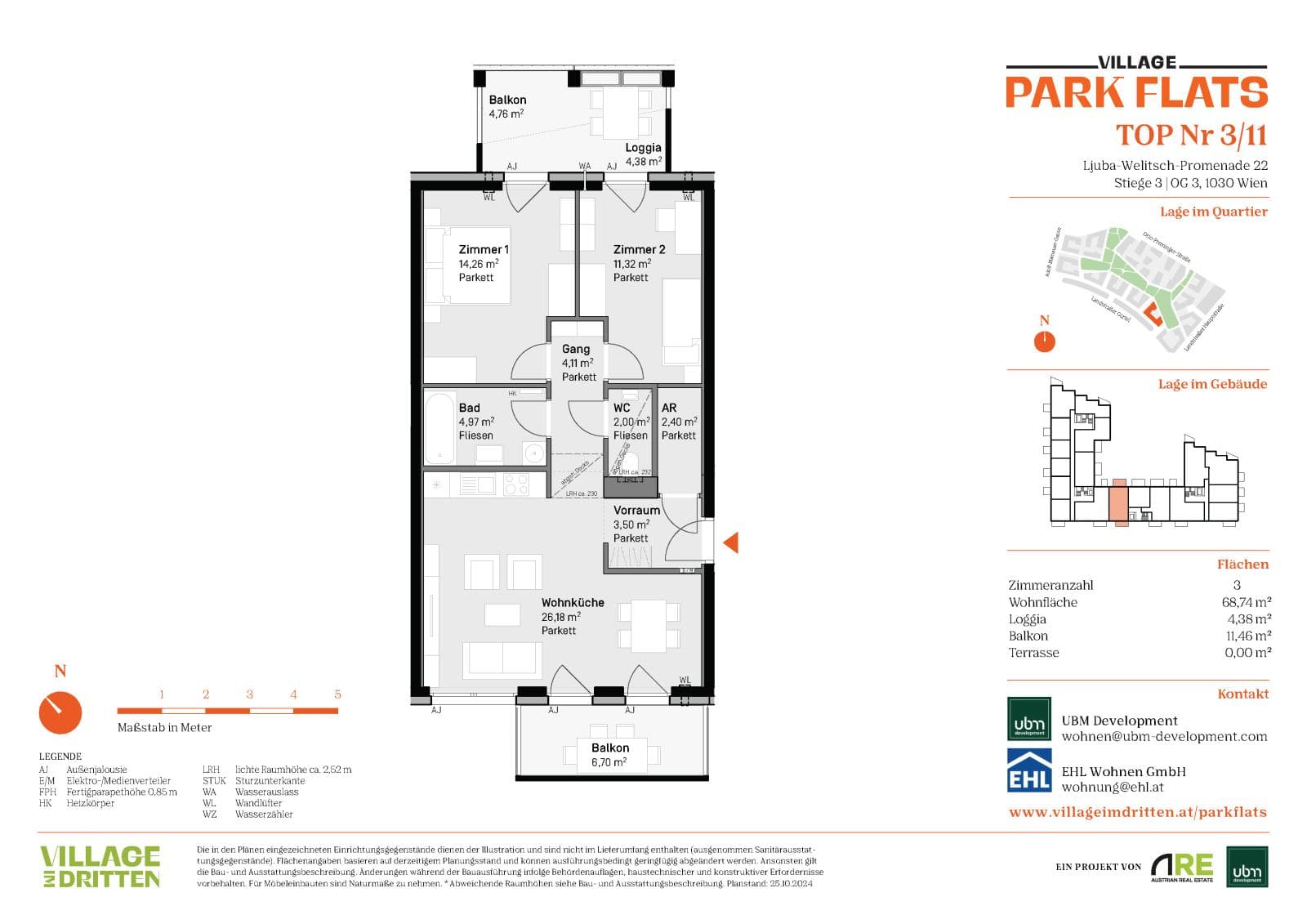 Grundriss BF5 Stg. 3 - Top 11 — Village im Dritten — 3 Zimmer — 68,7 m² — 3rd floor