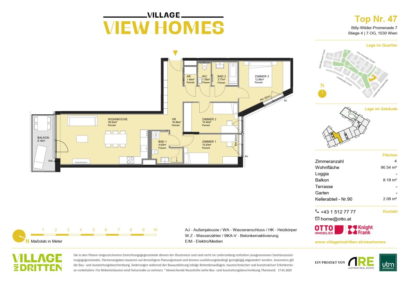 Grundriss BF2 Stg. 4 - Top 47 — Village im Dritten — 4 Zimmer — 90,5 m² — 7th floor