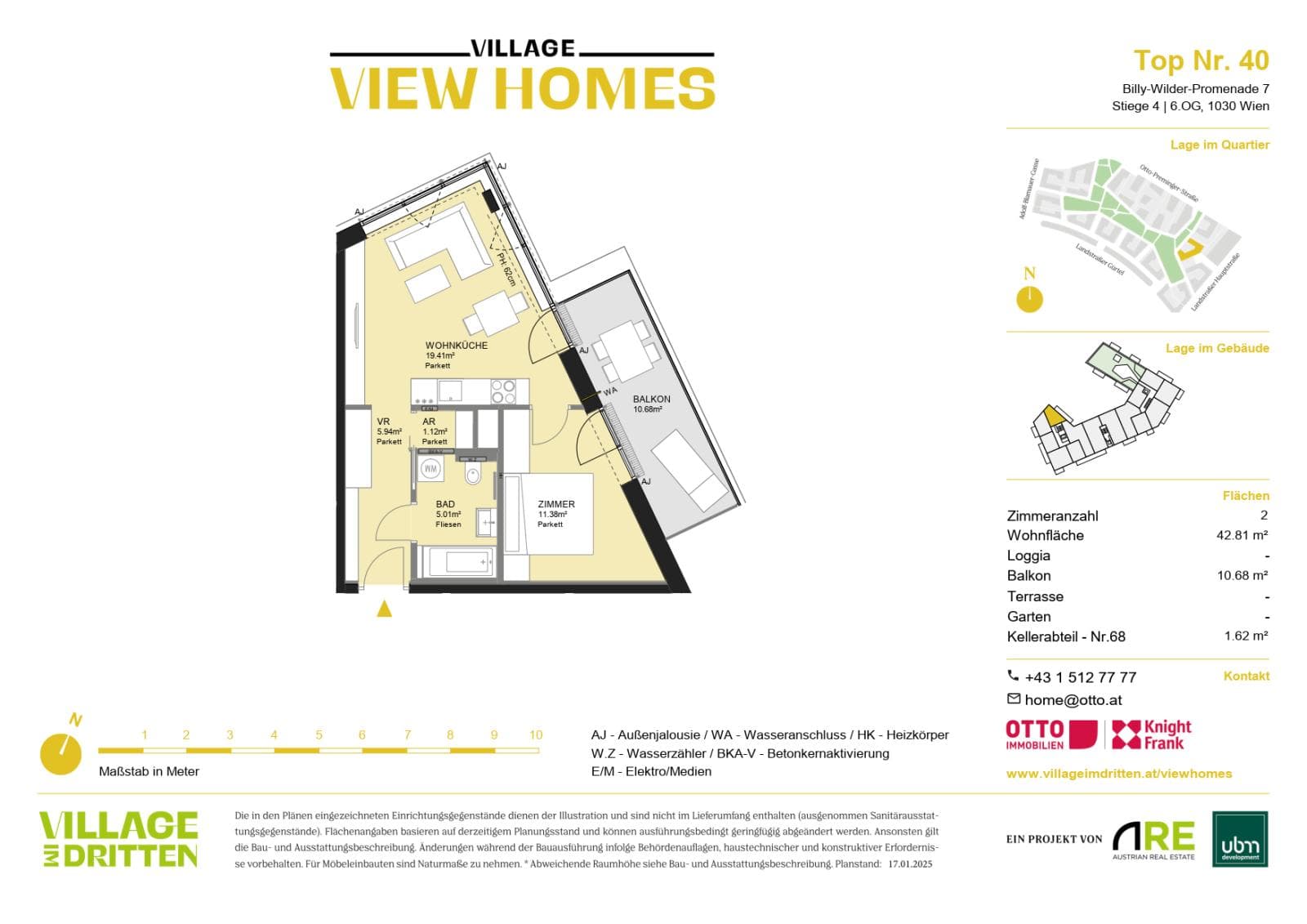 Grundriss BF2 Stg. 4 - Top 40 — Village im Dritten — 2 Zimmer — 42,8 m² — 6th floor