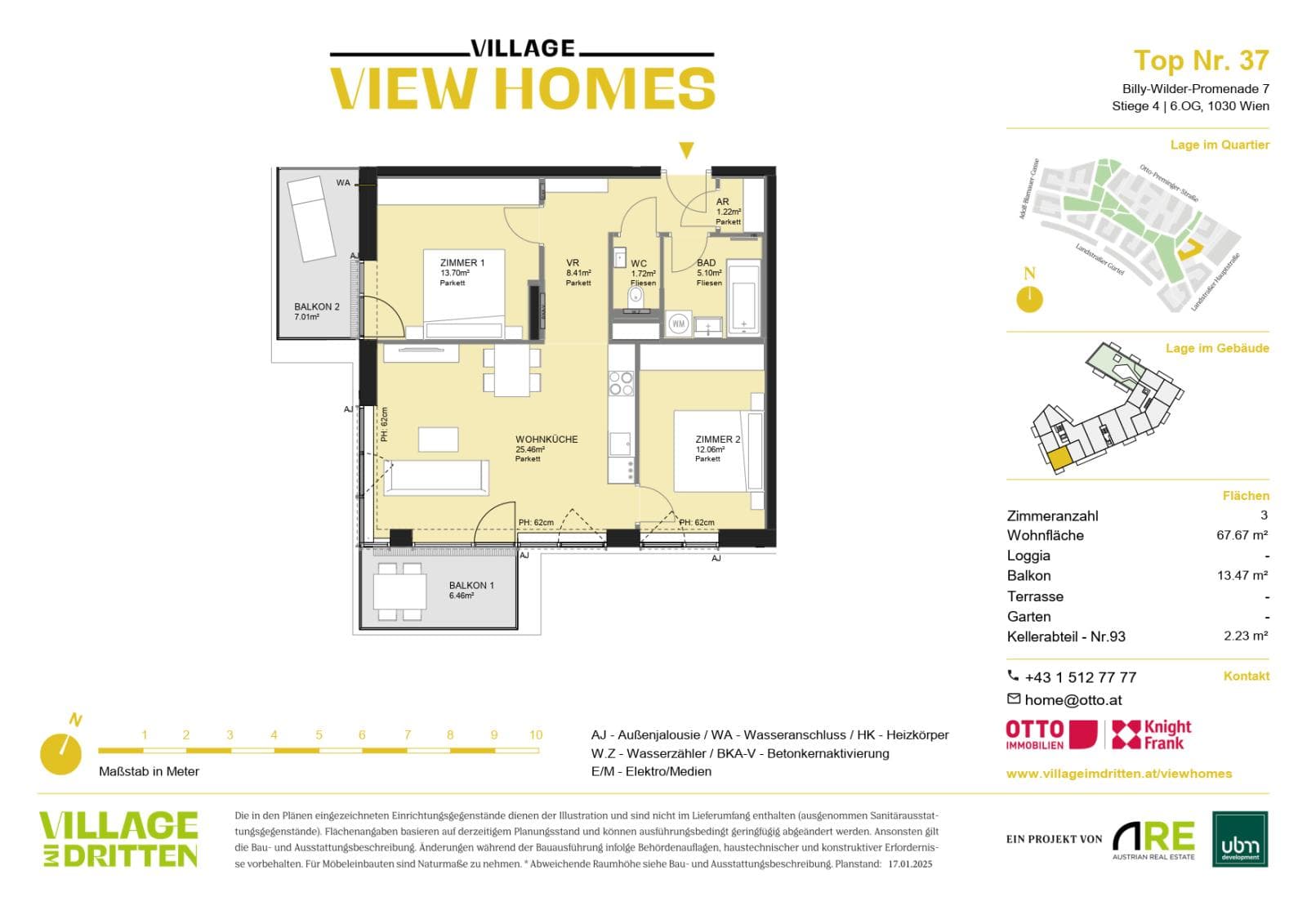 Grundriss BF2 Stg. 4 - Top 37 — Village im Dritten — 3 Zimmer — 67,7 m² — 6th floor