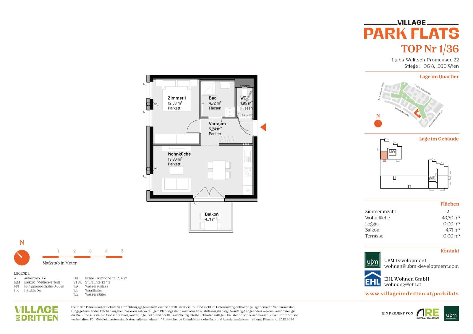 Grundriss BF5 Stg. 1 - Top 36 — Village im Dritten — 2 Zimmer — 43,7 m² — 8th floor