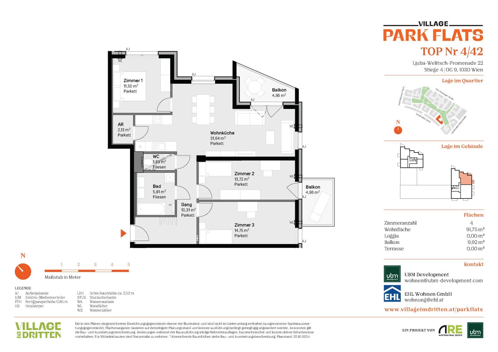 Grundriss BF5 Stg. 4 - Top 42 — Village im Dritten — 4 Zimmer — 91,8 m² — 9th floor