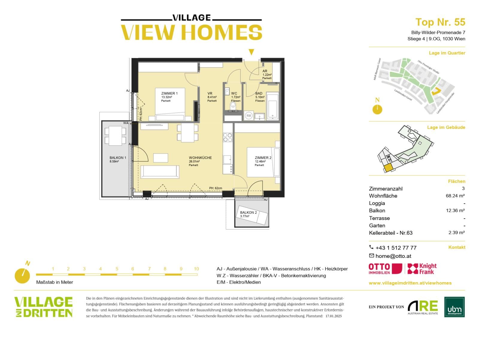 Grundriss BF2 Stg. 4 - Top 55 — Village im Dritten — 3 Zimmer — 68,2 m² — 9th floor