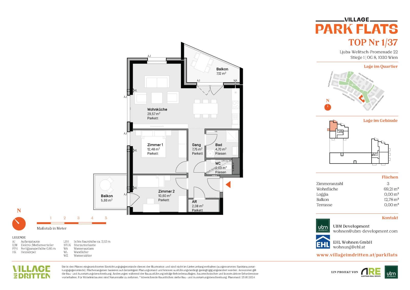 Grundriss BF5 Stg. 1 - Top 37 — Village im Dritten — 3 Zimmer — 69,2 m² — 8th floor