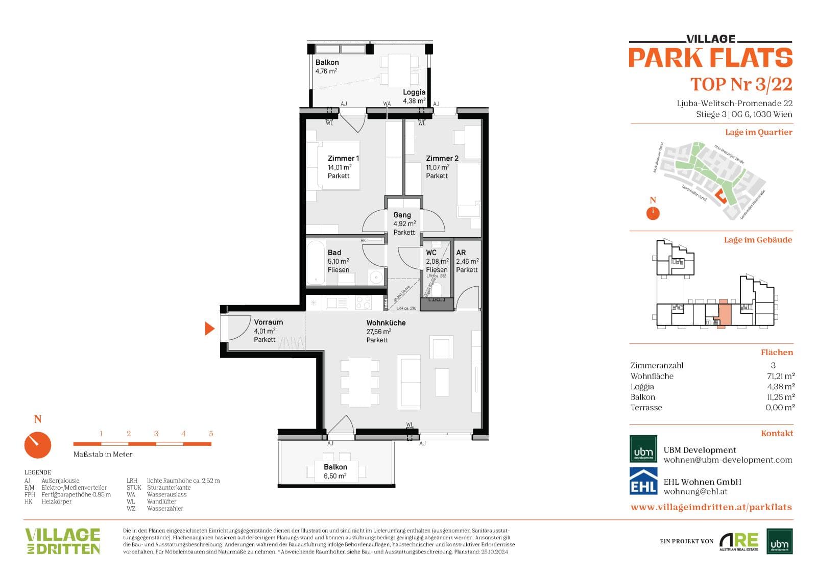 Grundriss BF5 Stg. 3 - Top 22 — Village im Dritten — 3 Zimmer — 71,2 m² — 6th floor