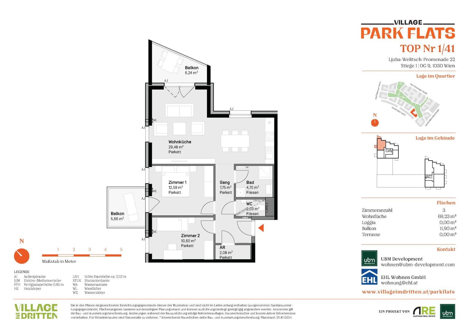 Grundriss BF5 Stg. 1 - Top 41 — Village im Dritten — 3 Zimmer — 69,2 m² — 9th floor