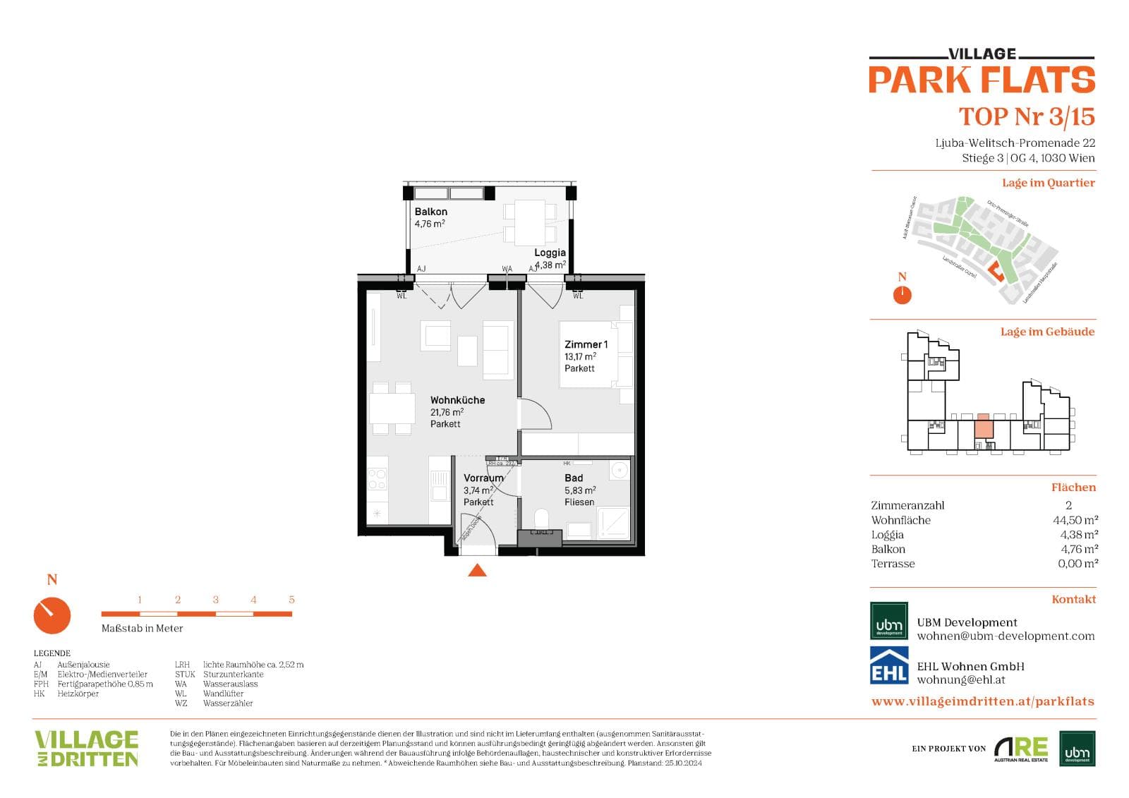 Grundriss BF5 Stg. 3 - Top 15 — Village im Dritten — 2 Zimmer — 44,5 m² — 4th floor