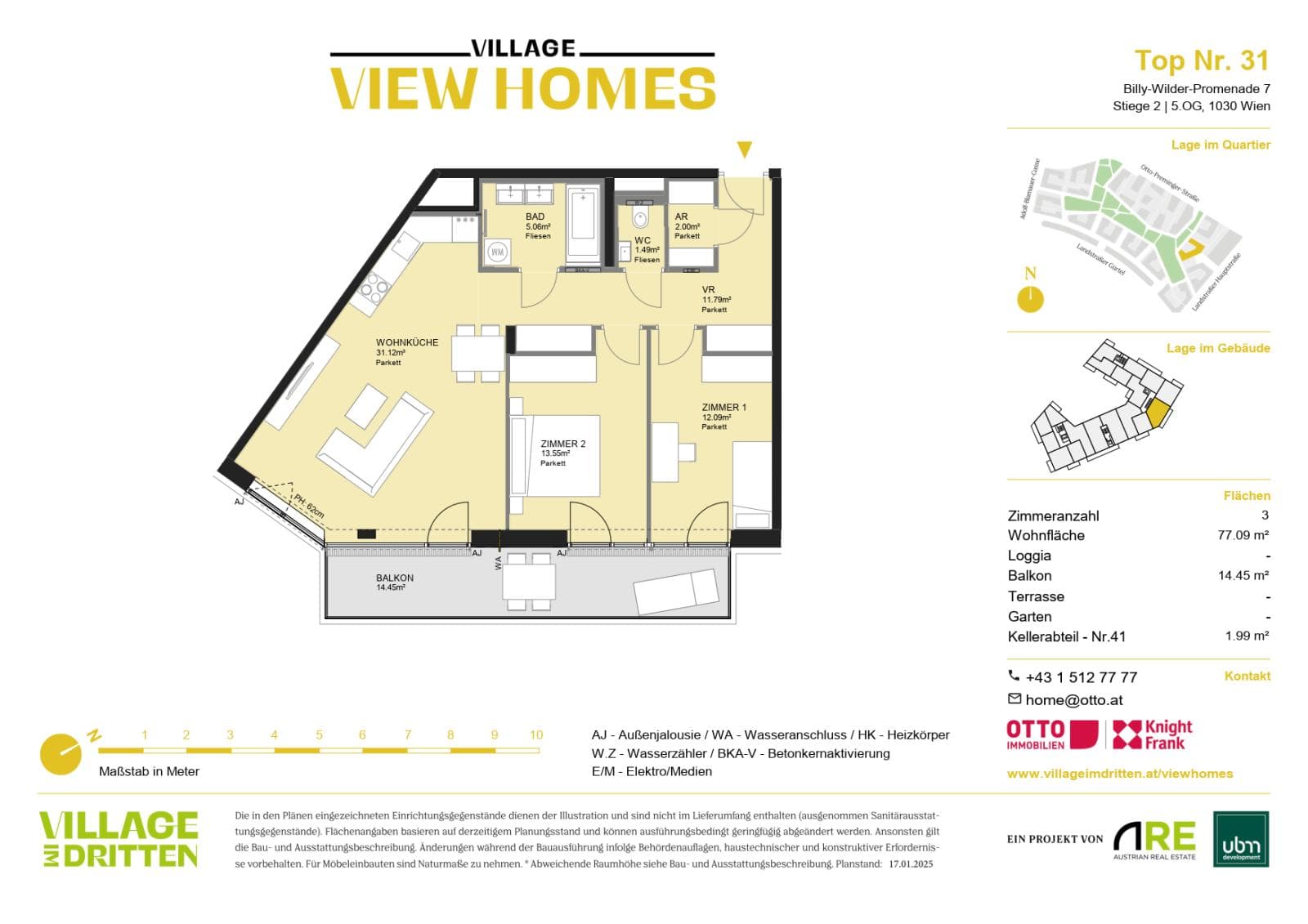 Grundriss BF2 Stg. 2 - Top 31 — Village im Dritten — 3 Zimmer — 77,1 m² — 5th floor