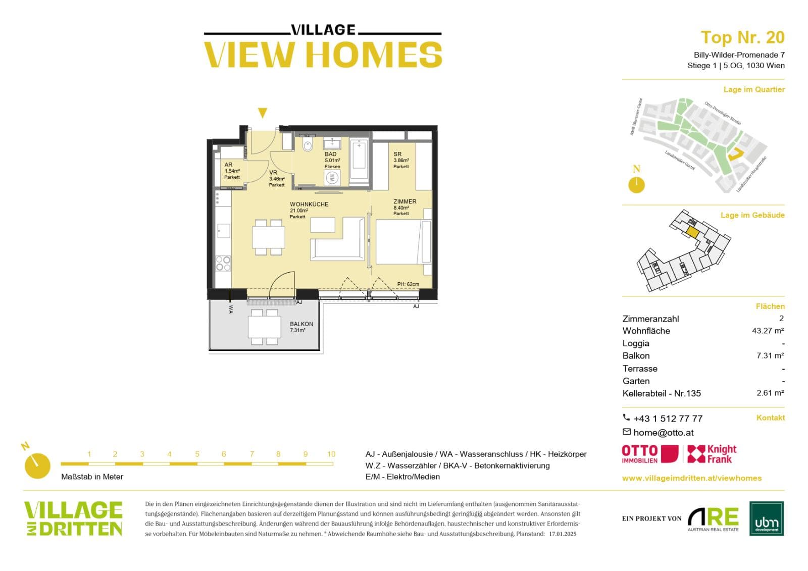 Grundriss BF2 Stg. 1 - Top 20 — Village im Dritten — 2 Zimmer — 43,3 m² — 5th floor