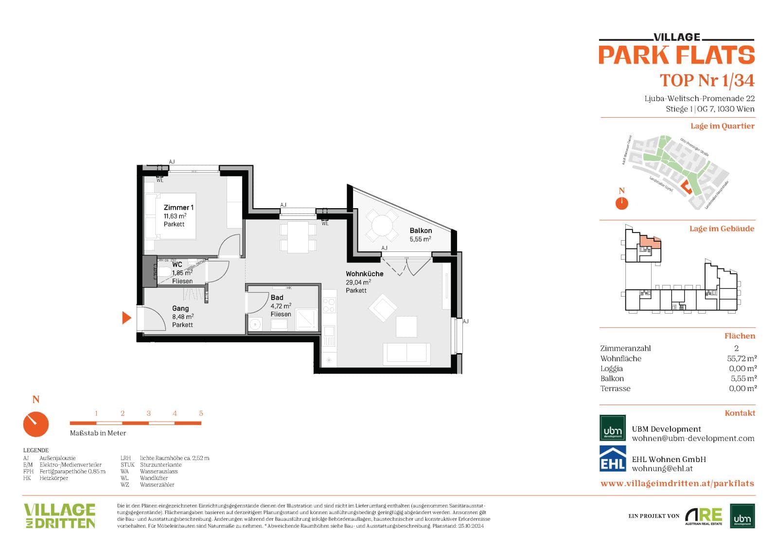 Grundriss BF5 Stg. 1 - Top 34 — Village im Dritten — 2 Zimmer — 55,7 m² — 7th floor