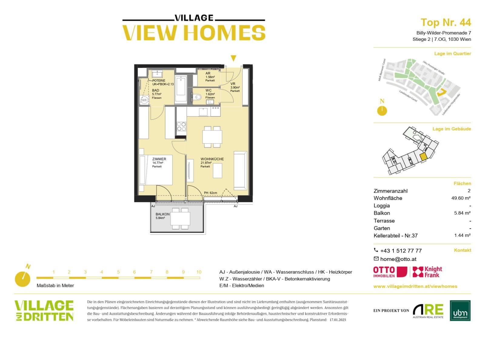 Grundriss BF2 Stg. 2 - Top 44 — Village im Dritten — 2 Zimmer — 49,6 m² — 7th floor