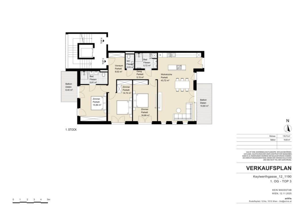 Grundriss Top 3 — Vilnea Twelve — 3 Zimmer — 82 m² — 1st floor — Grundriss 1/2