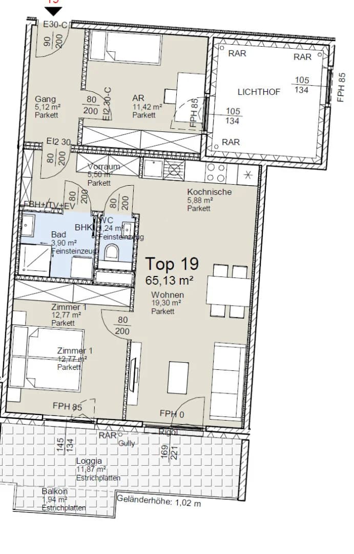Grundriss Top 19 — Vivara — 3 Zimmer — 65 m² — 2nd floor