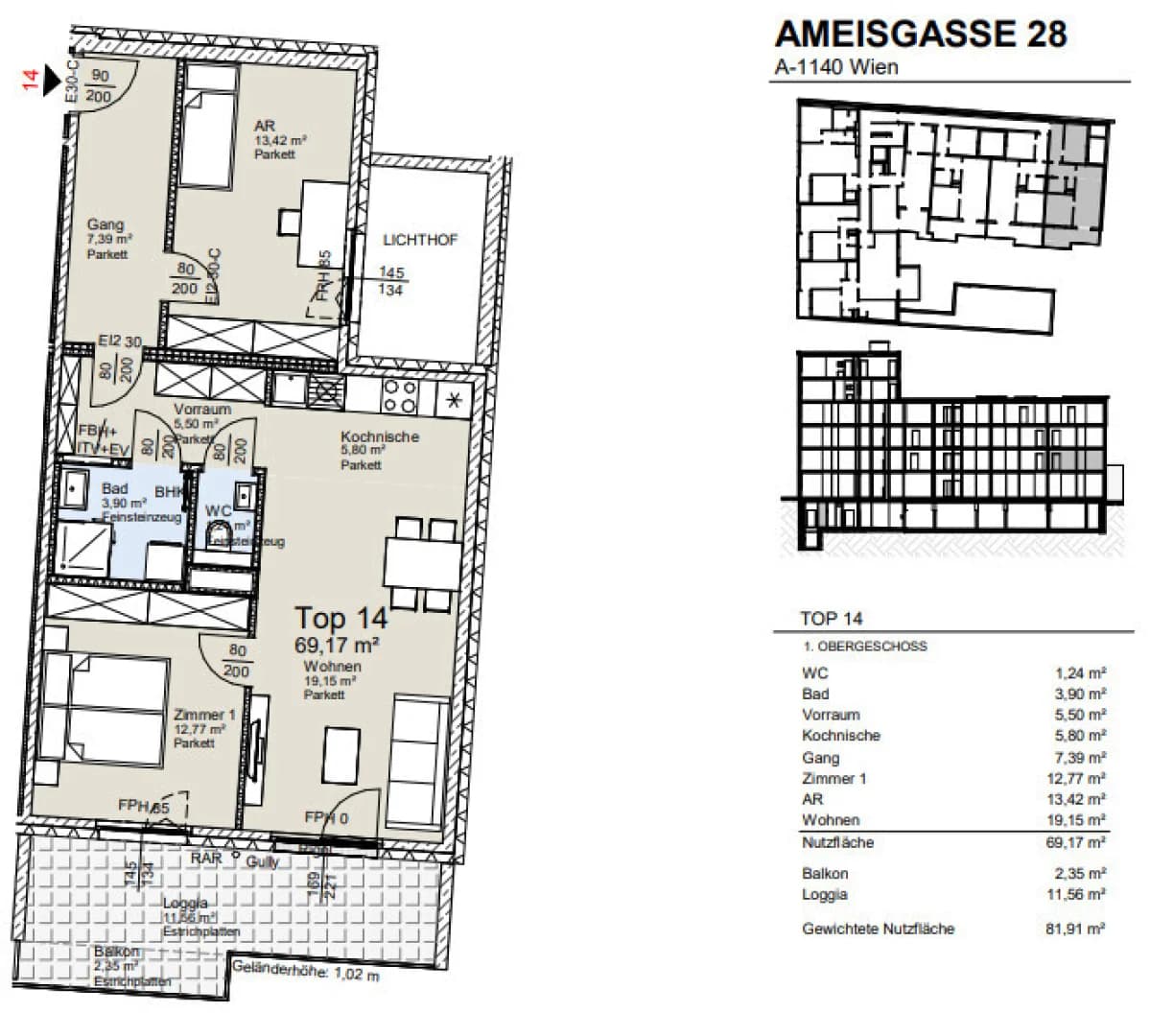 Grundriss Top 14 — Vivara — 3 Zimmer — 69 m² — 1st floor