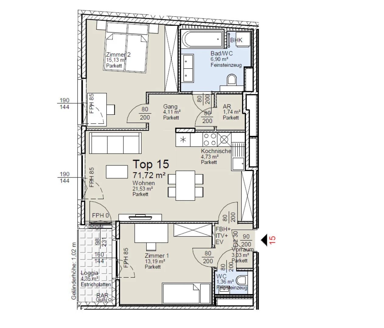 Grundriss Top 15 — Vivara — 3 Zimmer — 72 m² — 2nd floor