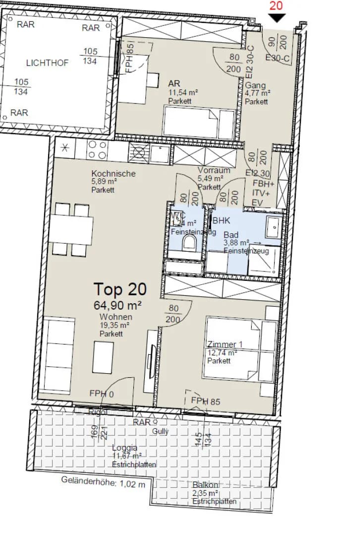 Grundriss Top 20 — Vivara — 3 Zimmer — 65 m² — 2nd floor