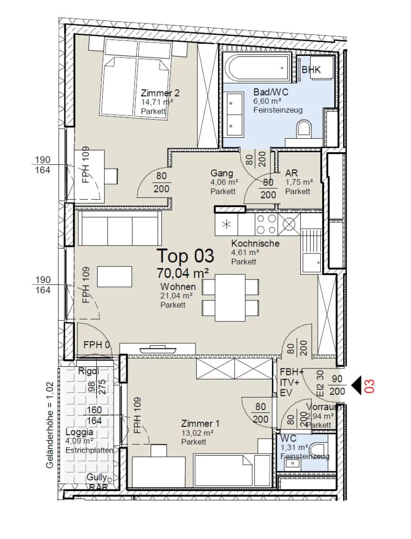 Grundriss Top 3 — Vivara — 3 Zimmer — 70 m² — Ground floor