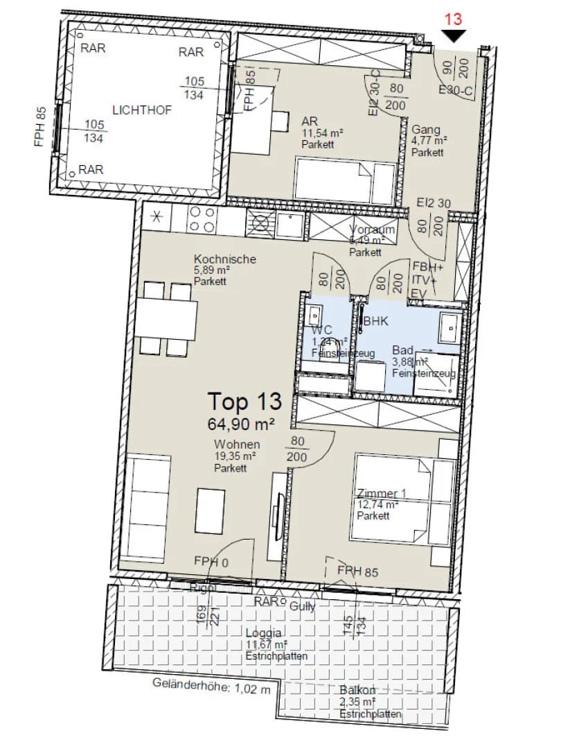Grundriss Top 13 — Vivara — 3 Zimmer — 65 m² — 1st floor