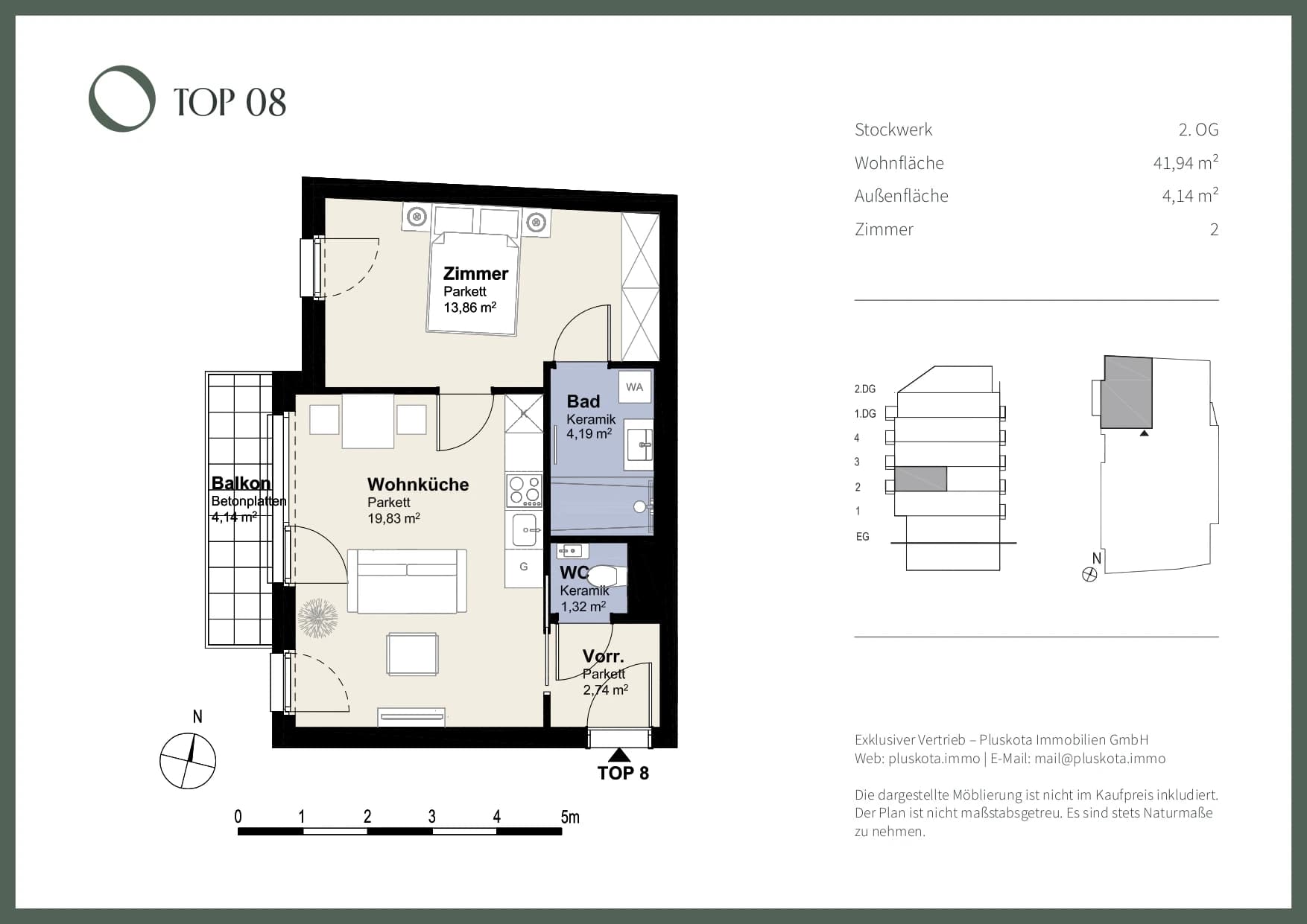 Grundriss Top 08 — Das Vivenot — 2 Zimmer — 41,9 m² — 2nd floor — Balkon